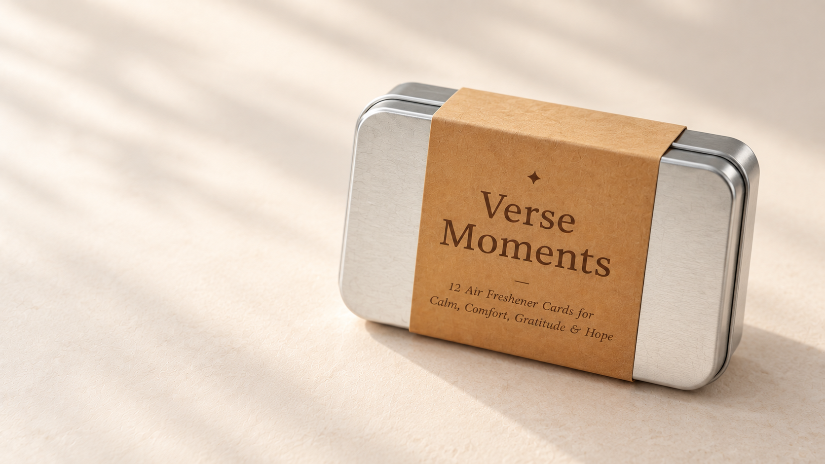 AI-generated packaging concept of a closed silver Verse Moments tin with a kraft sleeve